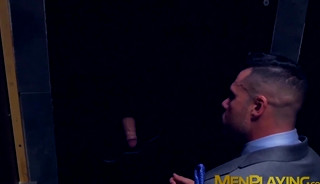 Classy hunk sucks gloryhole cock before threeway drilling