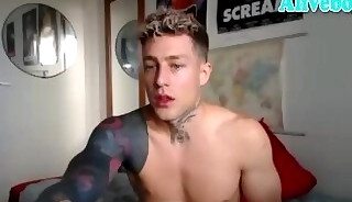 fit Swedish guy with many tattoos and big dick wanks on webcam
