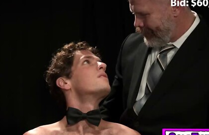 Gay Slave Auction Muscular Young Man Bunker Payne Displayed and Fucked by Suited Bidders