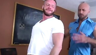 Gay police hunk takes cum in mouth after barebacking