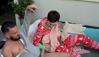 Cute teen guy shows off her fav red pijamas but horny uncle doesnt care