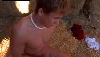 Handsome blond boy outside the farm jerk off and cumshot