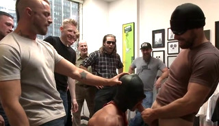 Muscled whore gets publicly fucked and doused with cum